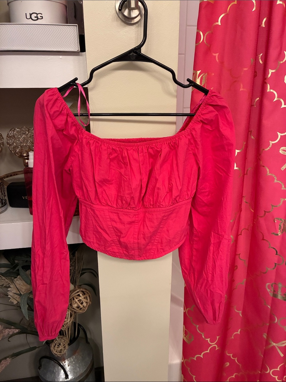 Japna Hot Pink Off-Shoulder Long Sleeve Crop Top